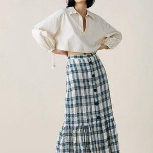 NWT Zara Plaid Midi Ruffled Front Buttons Skirt Boho Ref 3440/041